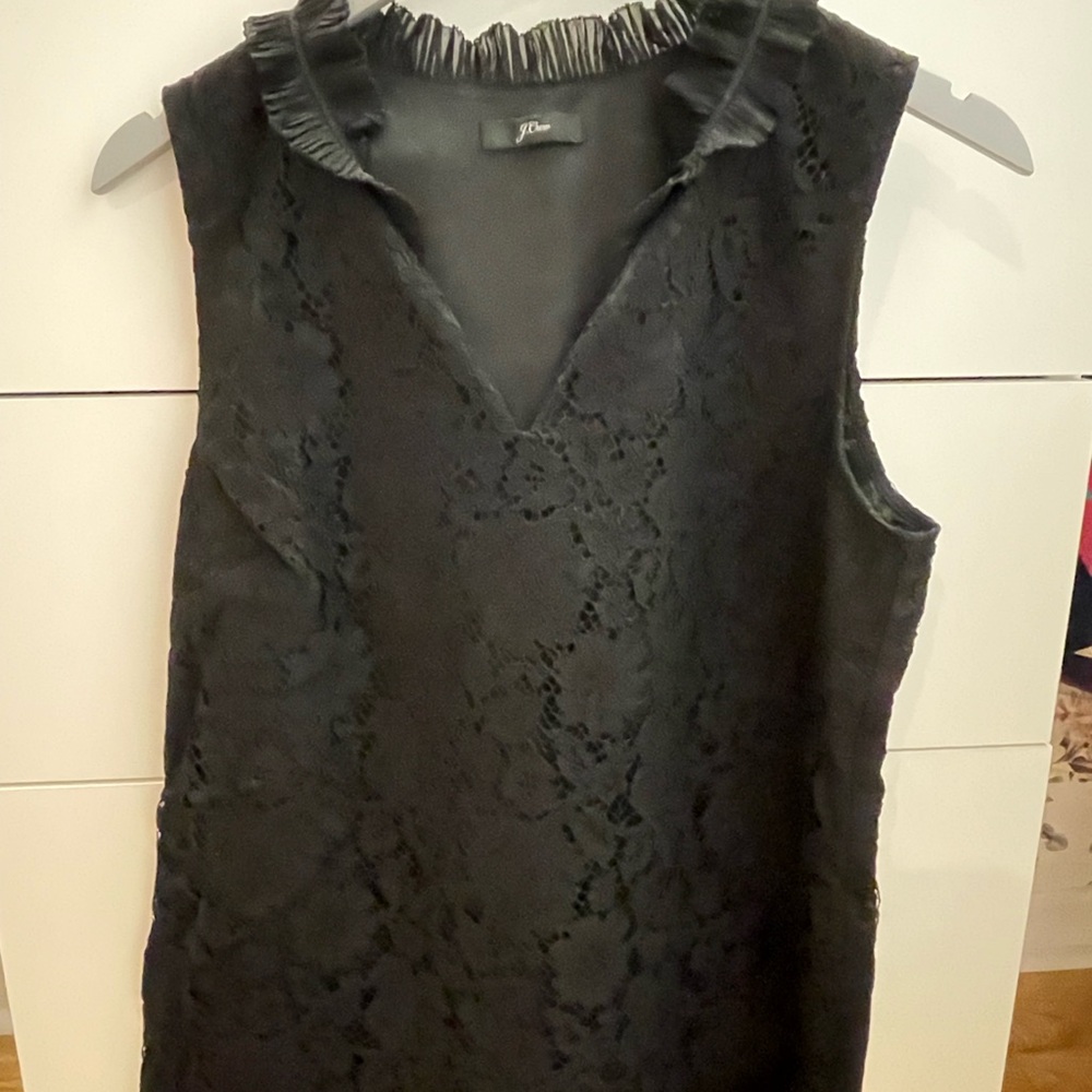 J. Crew Tall Black Lace Ruffle neck Top